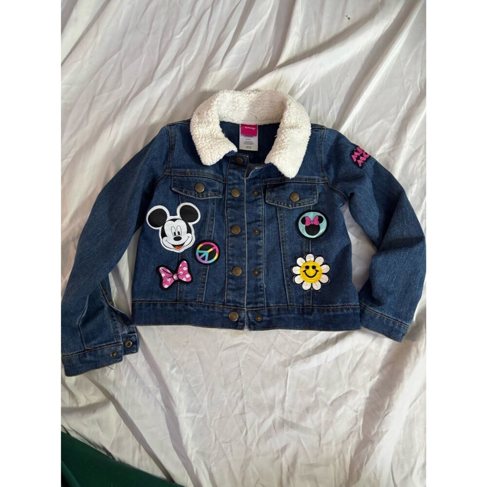 Disney Minnie Mouse Sherpa Collar Denim Jacket Girls Size 5/6 Patch Embroidered